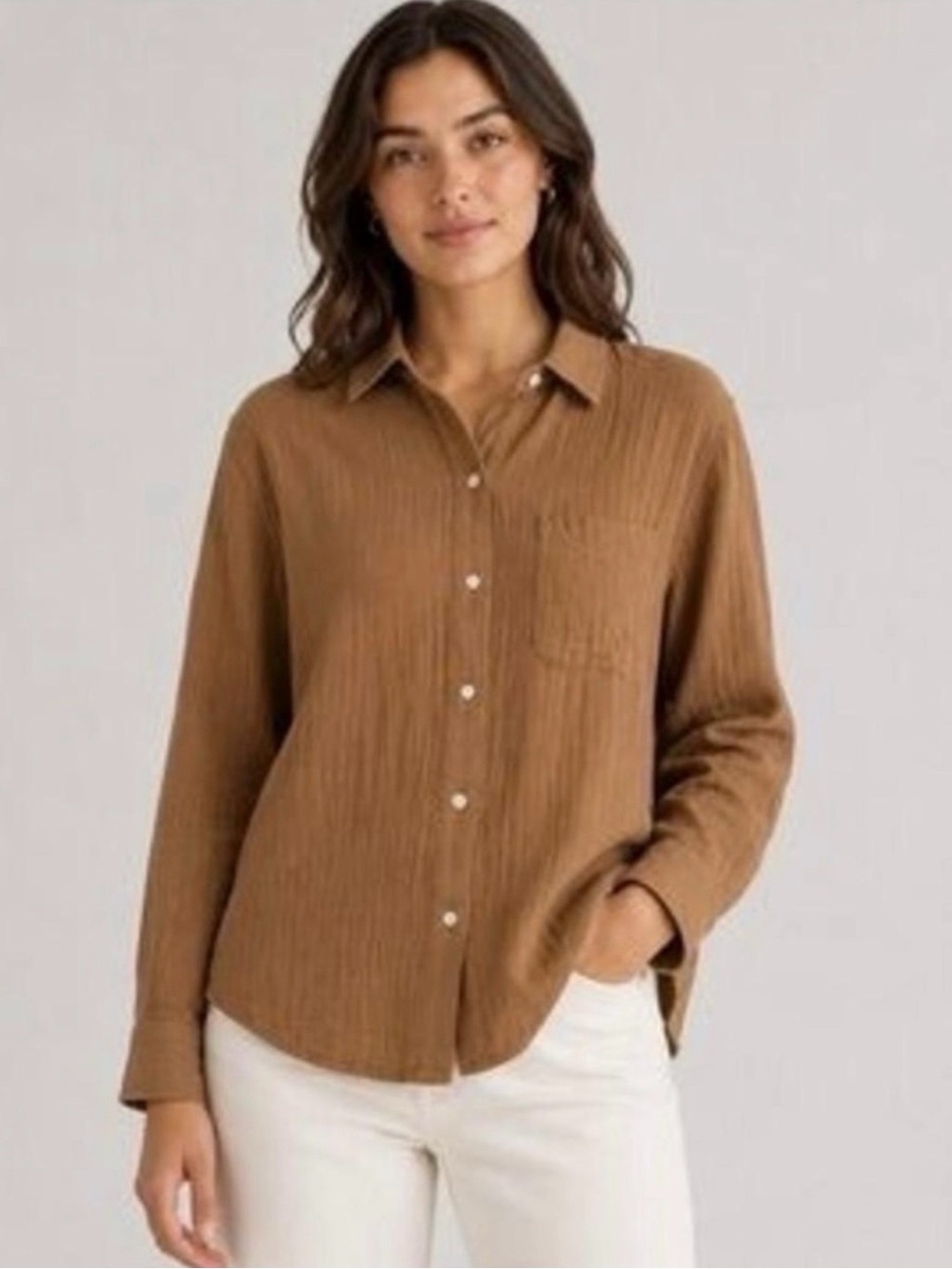NWT QUINCE 100% Organic Cotton Gauze Long Sleeve Shirt Toasted Coconut Medium